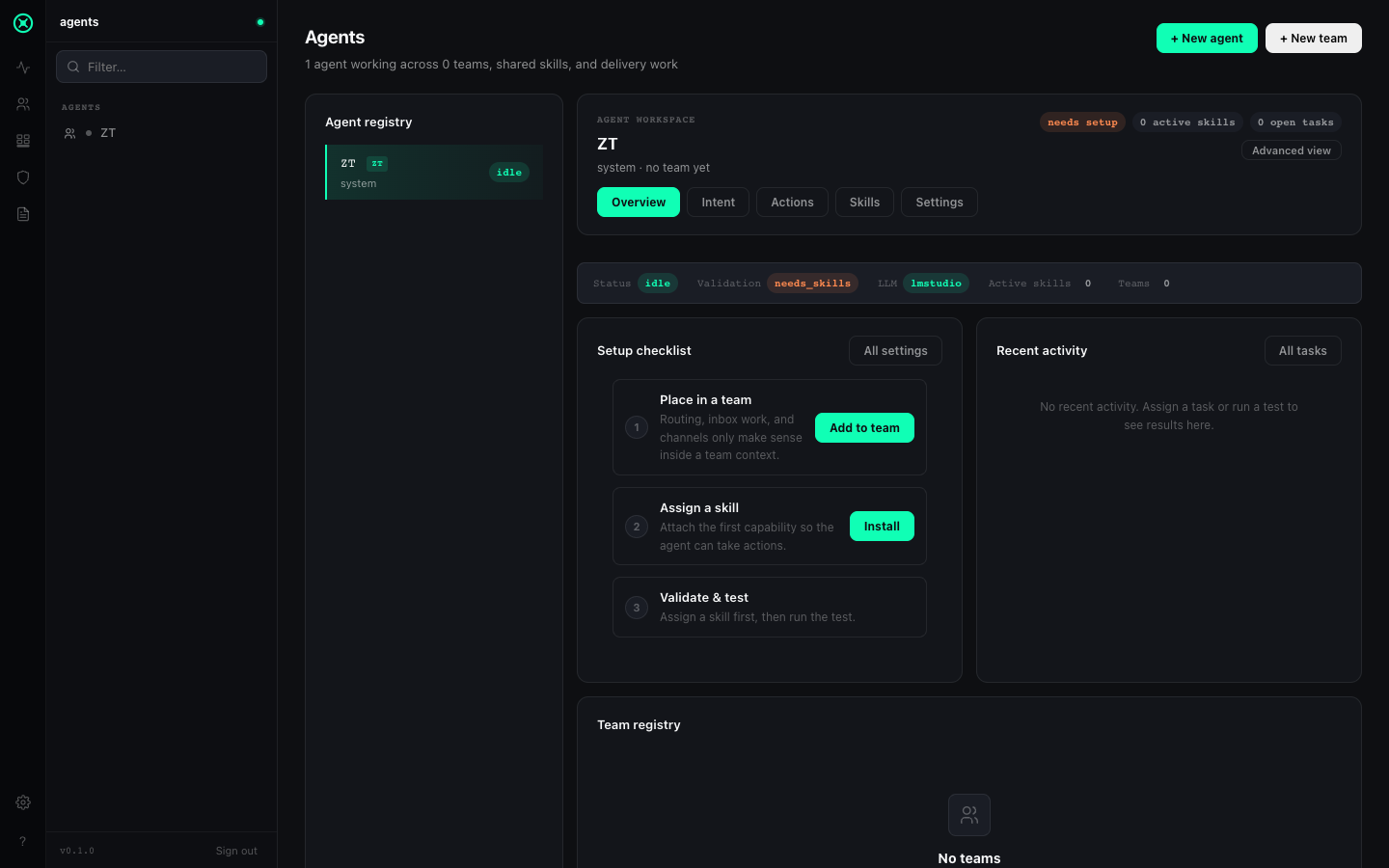 0trace Agent Registry — agent workspace with Intent, Actions, Skills, and Settings tabs