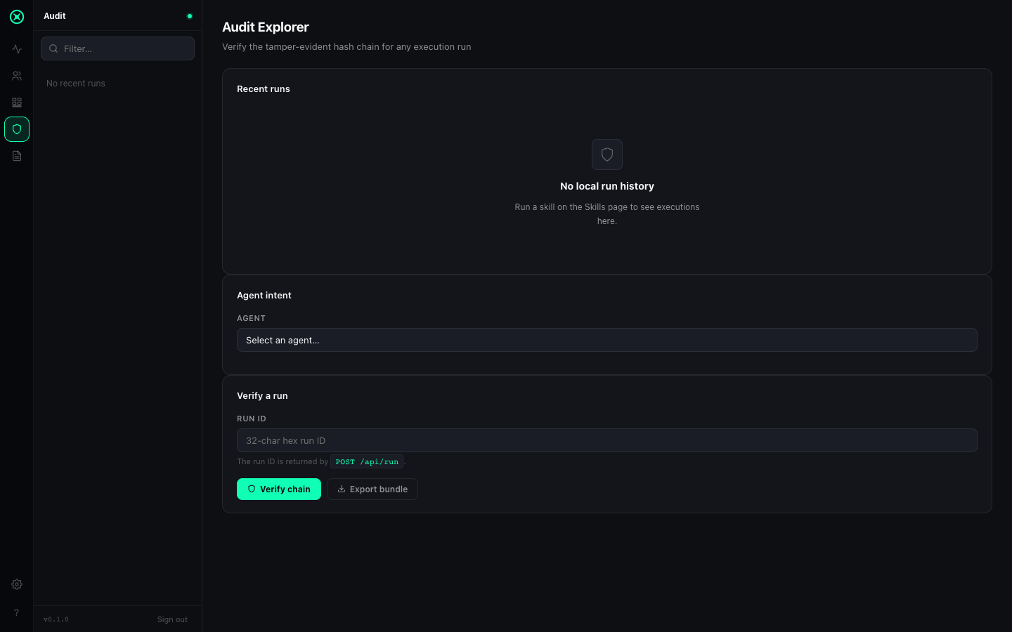 0trace Audit Explorer — tamper-evident hash chain verification and export