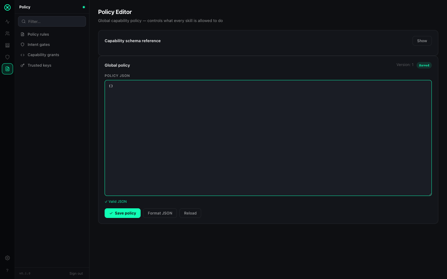 0trace Policy Editor — Intent gates, Capability grants, Trusted keys