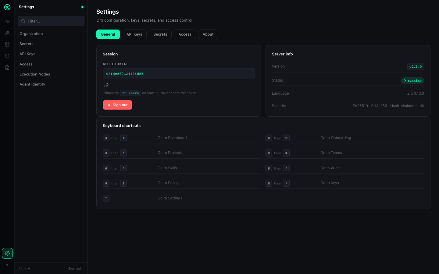 0trace Settings — v0.1.0, running, Zig 0.13.0, Ed25519 · SHA-256 · Hash-chained audit