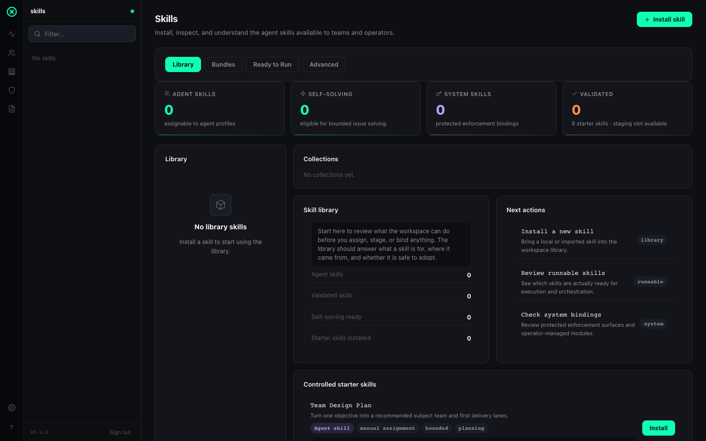 0trace Skills Library — Agent Skills, Self-Solving, System Skills, and Validated categories